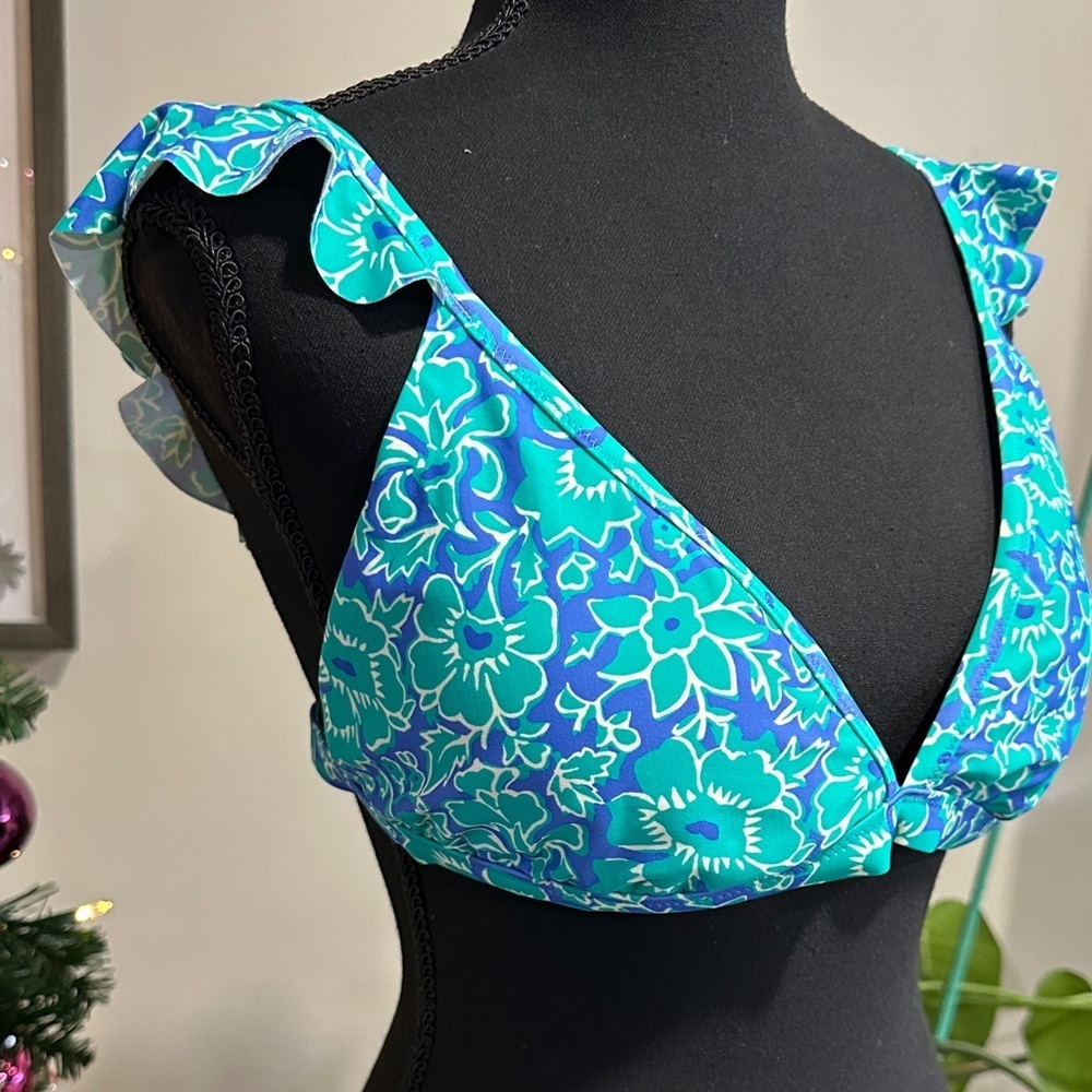*J. CREW* Blue x Green Floral Ruffle Bikini Top NWT Size Large - Picture 7 of 11